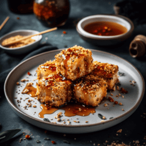 Fried Asian Tofu With Sesame Seeds And Chilli And Honey Dressing